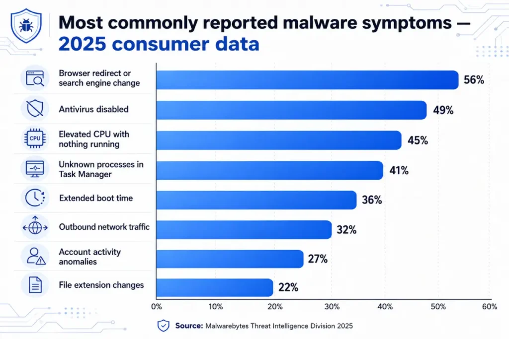 malware warning signs frequency chart — horizontal bar showing most common signs of malware infection by percentage of reported infections in 2025
