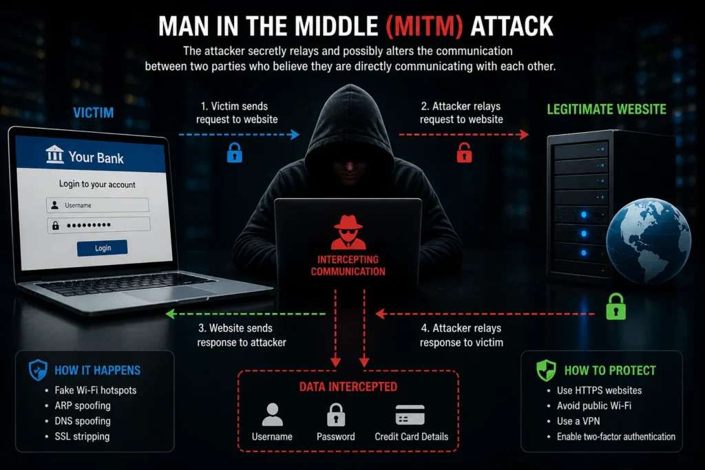 Man in the middle attack intercepting communication between a user and a server on public WiFi