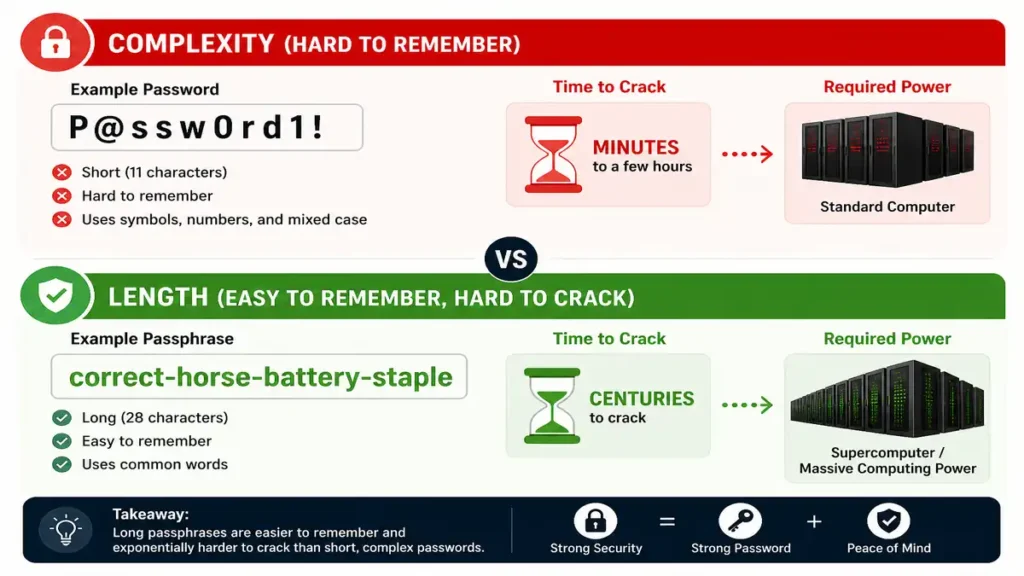 Infographic comparing password complexity vs passphrase length showing security strength and cracking time