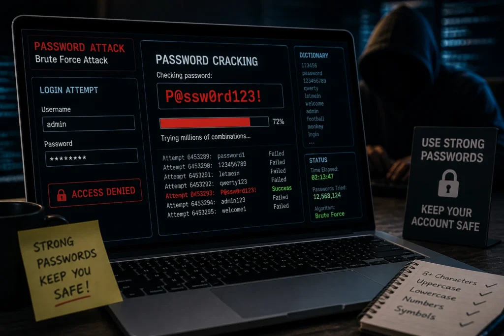 Hacker performing a brute force attack to crack weak passwords on user accounts