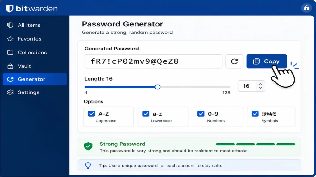 Password generator interface showing how to create a strong password with length and character options