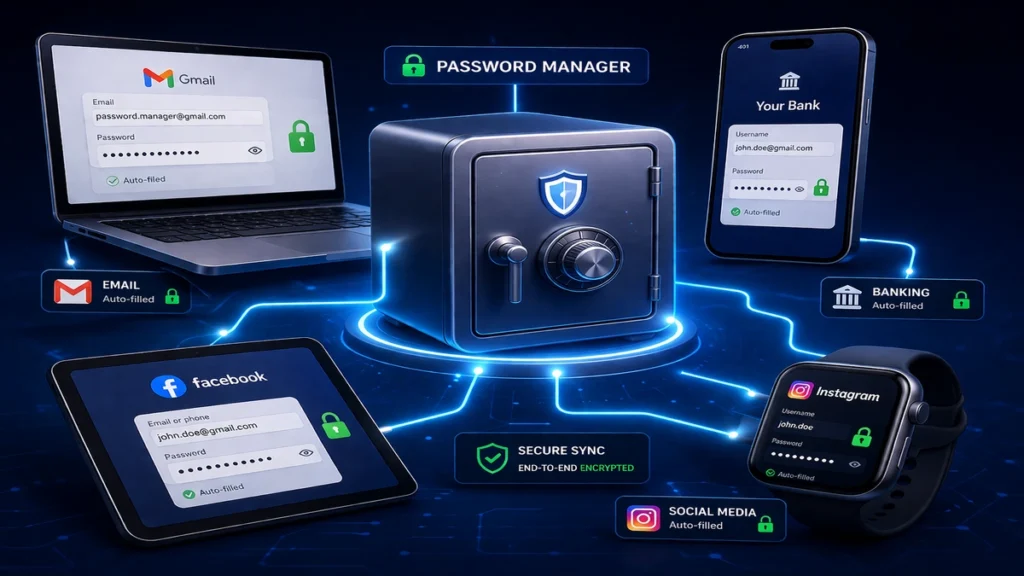 3D illustration of password manager secure sync across devices with autofill and encrypted login