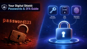 Strong passwords and 2FA security concept showing secure lock biometric authentication and smartphone verification