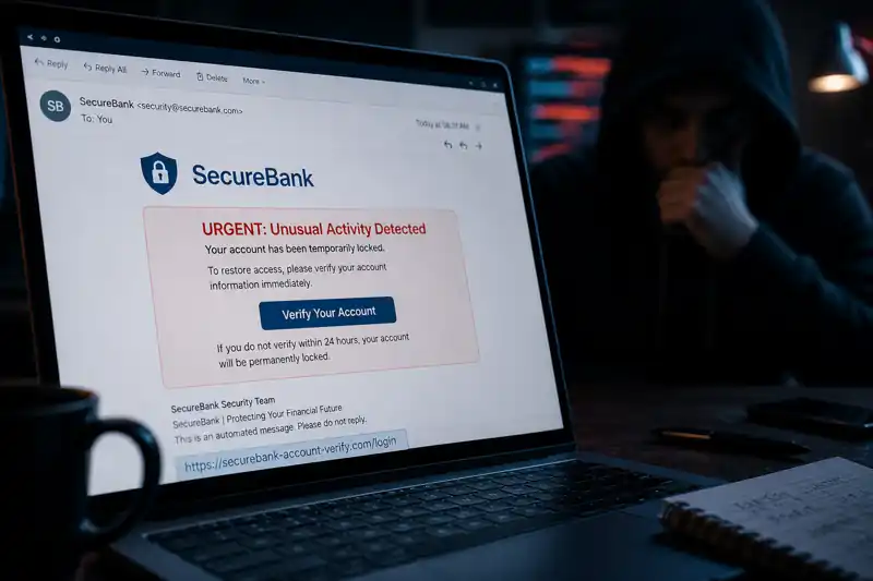 Phishing attack showing fake bank email requesting account verification with suspicious link