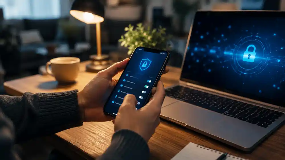 “Person reviewing smartphone privacy and app permission settings