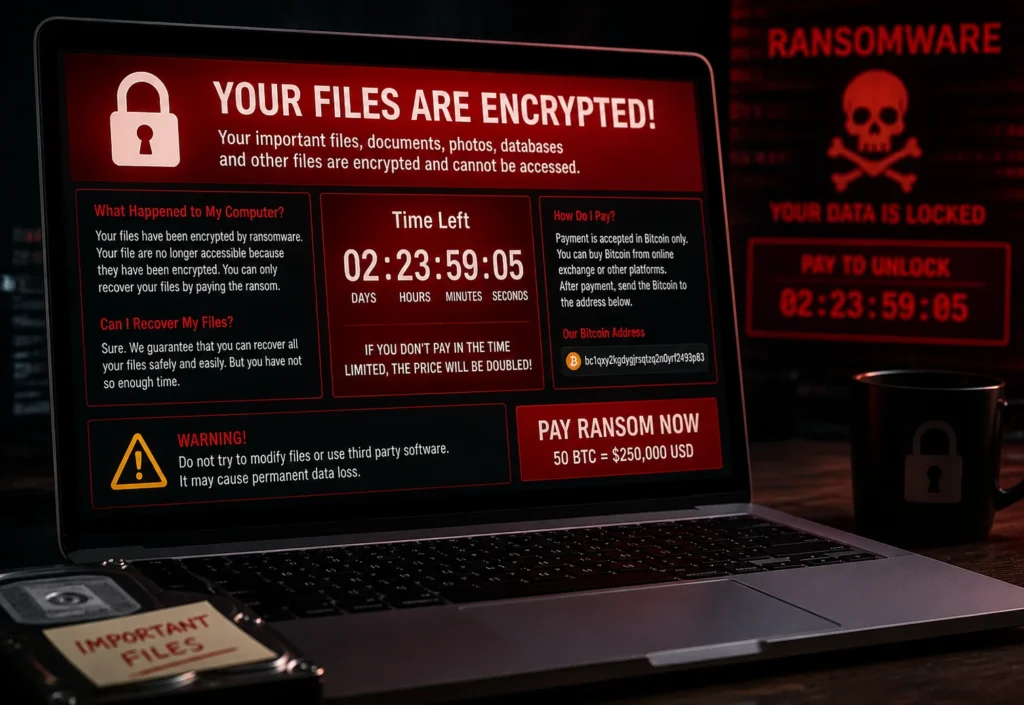 Computer screen showing ransomware attack with locked files and ransom demand message