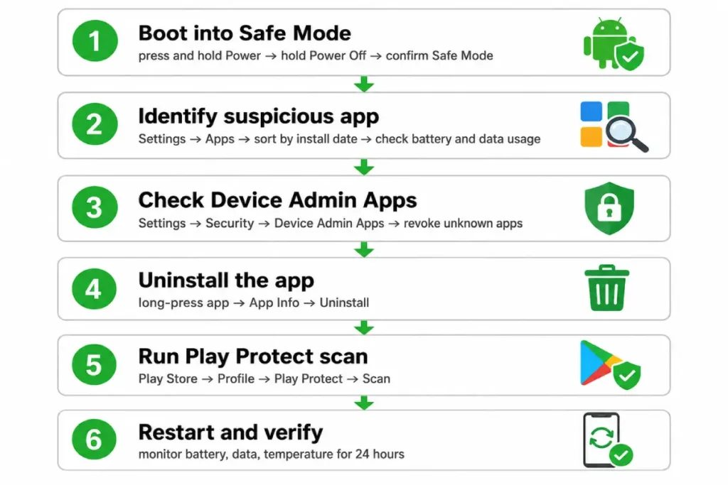 remove malware from Android step-by-step — six-step process flow diagram covering Safe Mode through Play Protect scan for Android malware removal