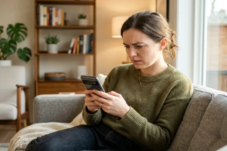 remove malware from Android — woman examining unfamiliar apps on her Android phone screen in home setting