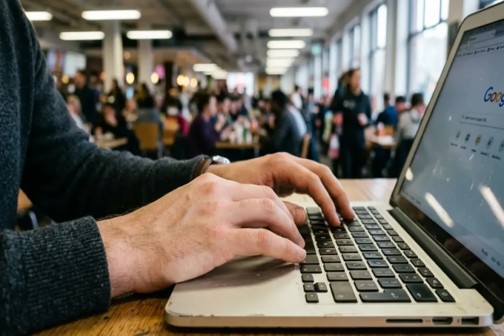 secure browsing public Wi-Fi — close-up of hands typing on laptop in busy public space with crowd in background