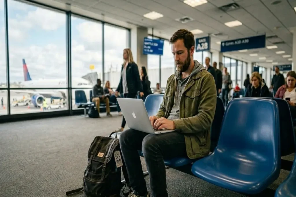 secure browsing public Wi-Fi — man using laptop on airport departure gate seating with travel backpack