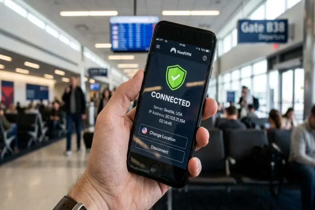 secure browsing public Wi-Fi — smartphone showing VPN connected status in airport departure lounge