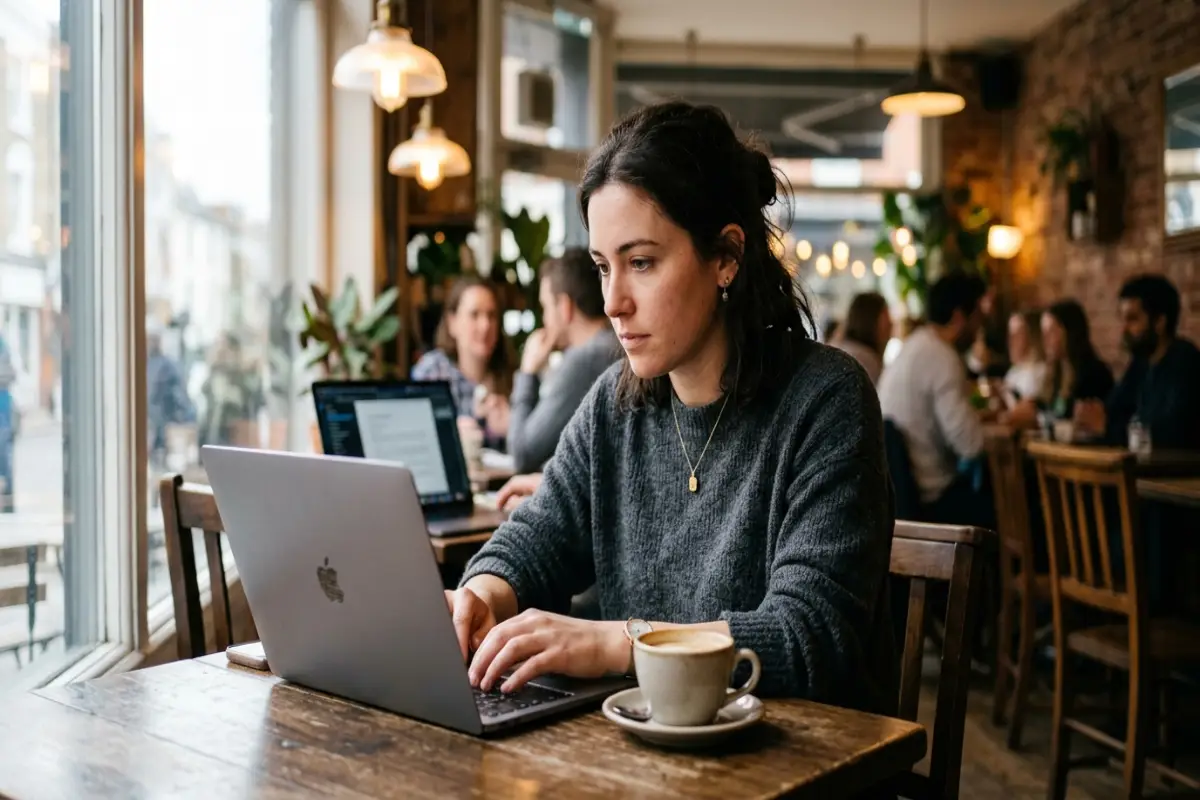 secure browsing public Wi-Fi — woman working on laptop at café table with coffee using public network