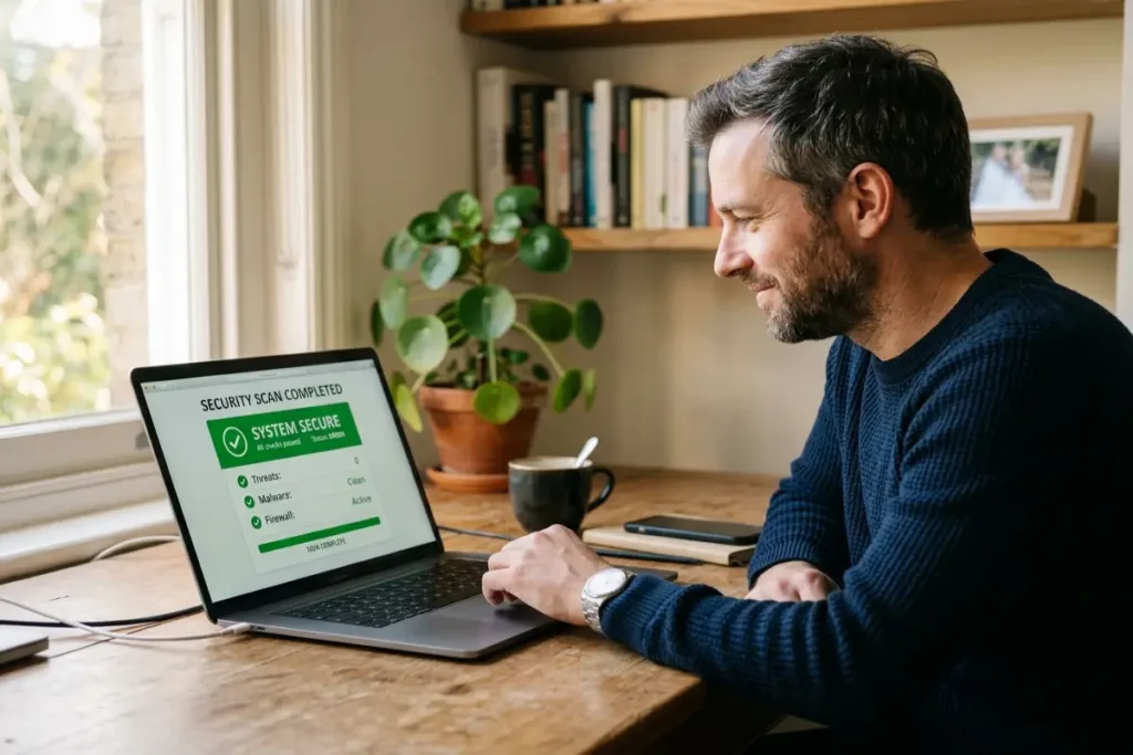 signs of malware infection resolved — man checking clean scan results on laptop after completing a full computer malware check