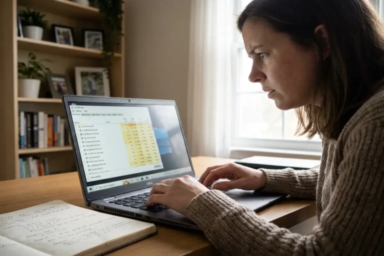 signs of malware infection — woman examining unusual Task Manager processes on laptop screen as part of a computer malware check
