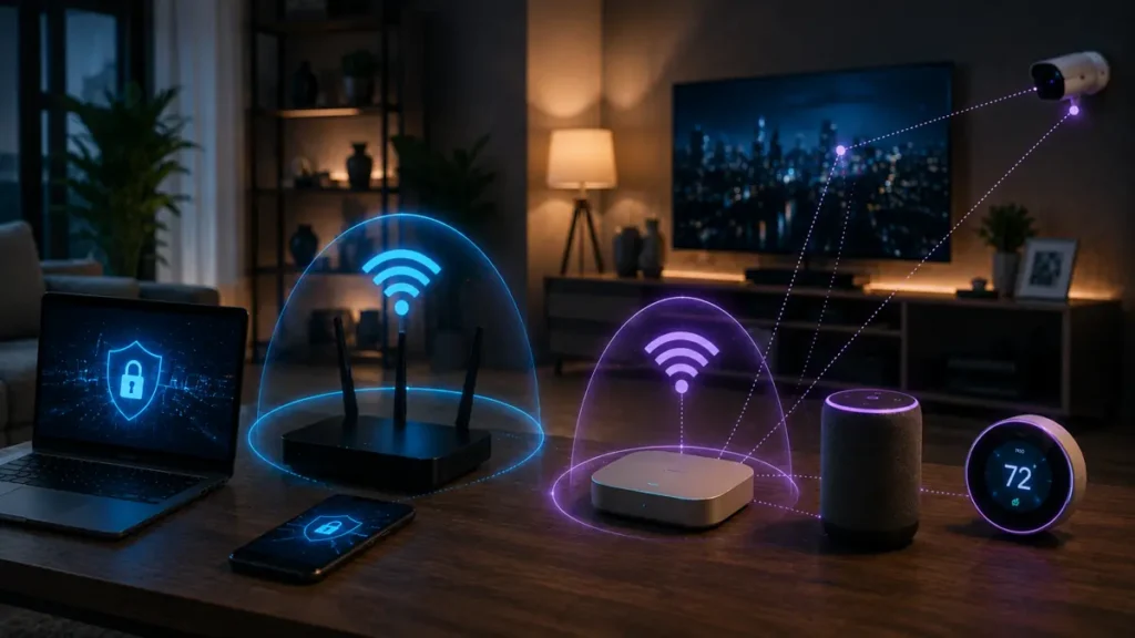 Smart home IoT devices isolated on a guest Wi-Fi network for cybersecurity protection