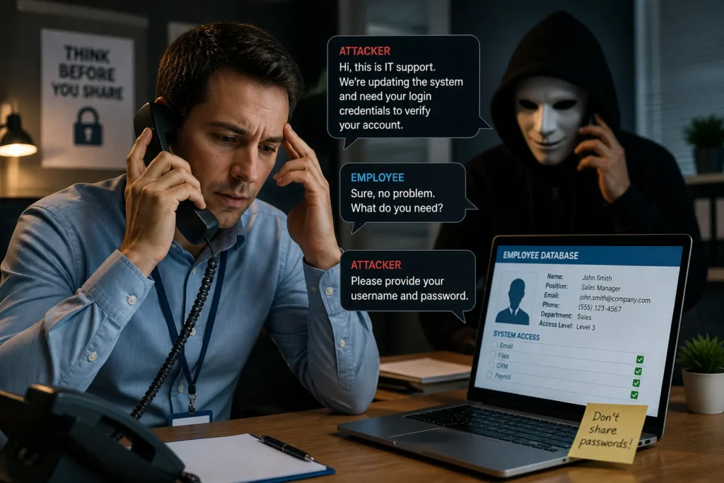 Social engineering attack where a hacker manipulates a victim through a fake phone call to steal sensitive information
