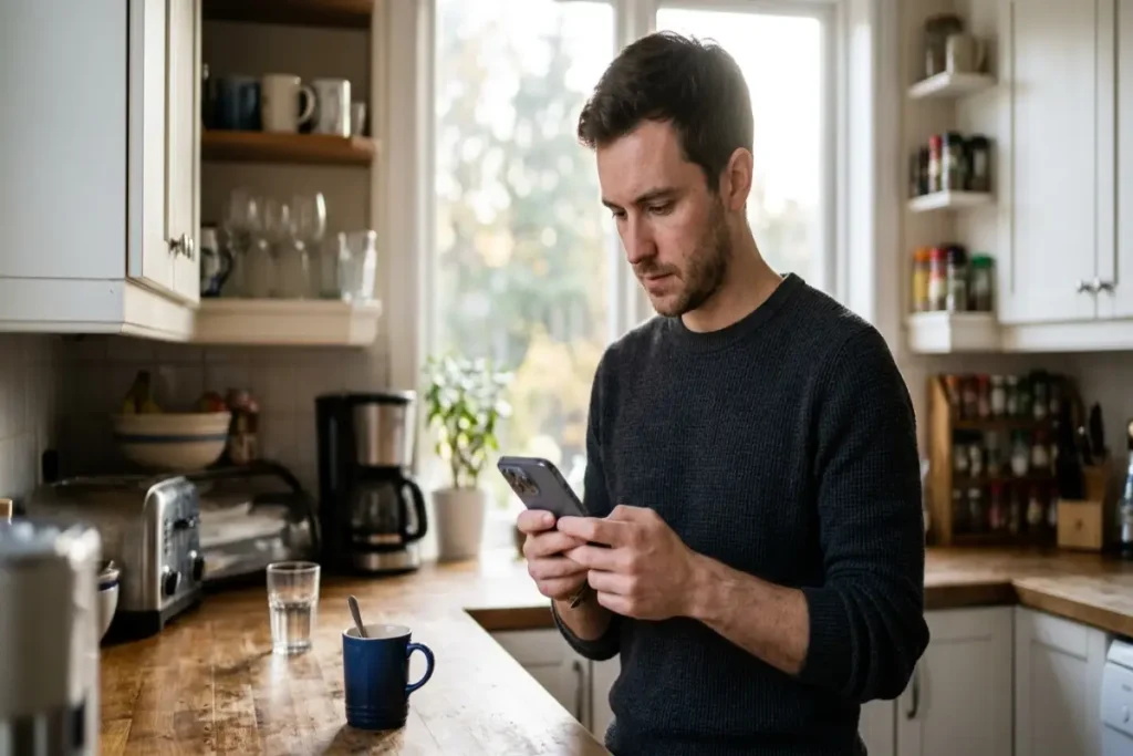 stop browser tracking — man checking mobile browser tracking protection settings on smartphone in kitchen