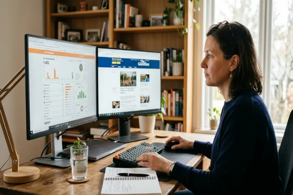 stop browser tracking — woman at dual monitor setup reviewing tracker blocking extension dashboard and normal browser content