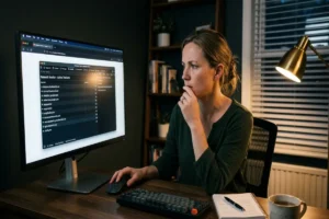 stop browser tracking — woman reviewing browser network activity panel showing third-party tracker domains on desktop monitor