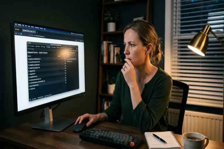 stop browser tracking — woman reviewing browser network activity panel showing third-party tracker domains on desktop monitor