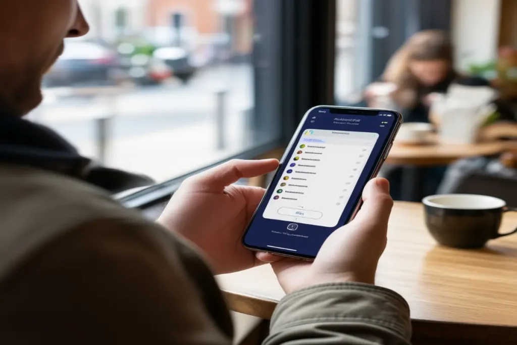 Best password manager for iPhone Face ID authentication prompt on iOS device — man accessing password vault at café
