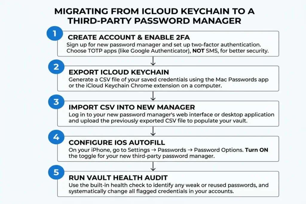 Best password manager for iPhone migration step diagram showing 5 steps to move from iCloud Keychain to a zero-knowledge manager on iOS 18