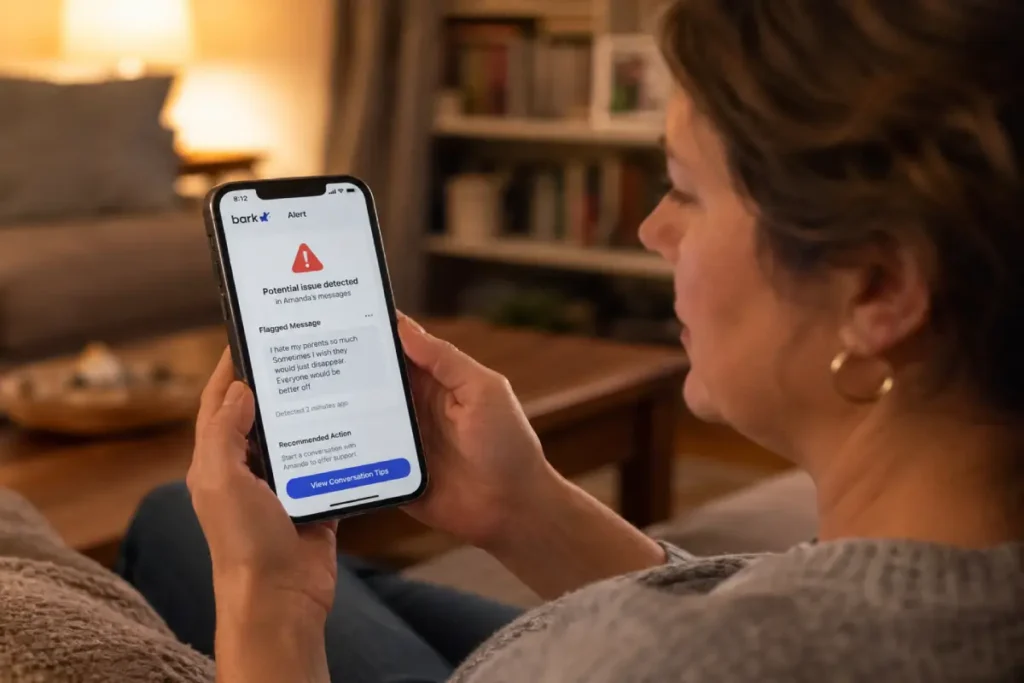 best parental control apps 2026 Bark monitoring alert reviewed on parent's smartphone at home
