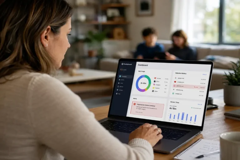 best parental control apps 2026 reviewed on parent's laptop showing parental monitoring dashboard at home