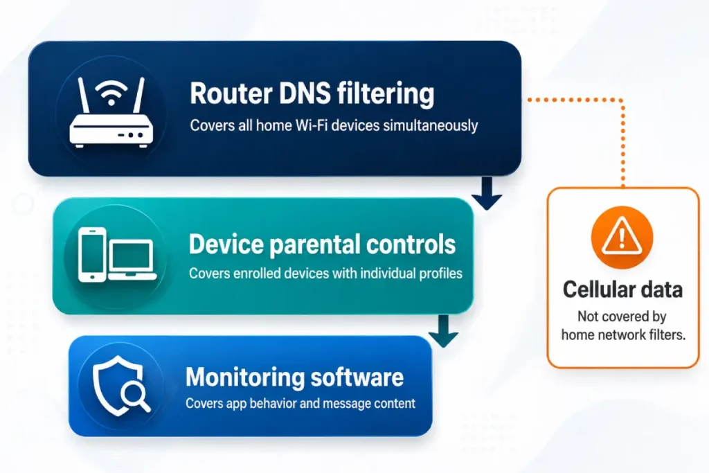 family internet protection system diagram showing router DNS filtering device controls and monitoring software layers