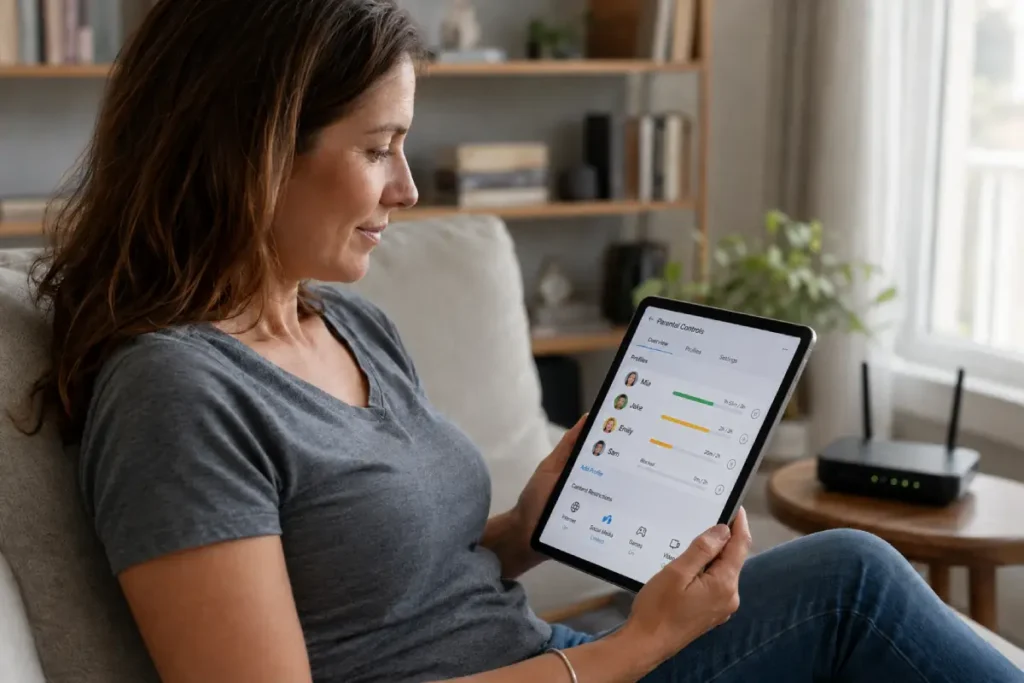 home router parental controls setup completed showing per-device profiles and time schedules on parent's tablet app