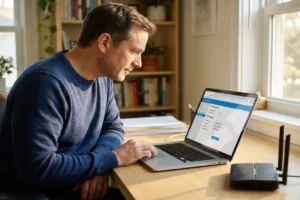 home router parental controls setup guide showing DNS settings in router admin panel on laptop at home