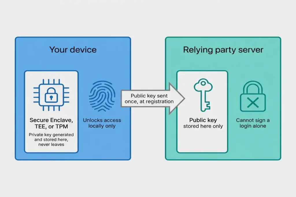 how passkeys work diagram showing private key in device secure hardware and public key stored on server