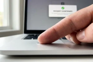 how passkeys work fingerprint scan on laptop Touch ID sensor confirming a passkey sign-in