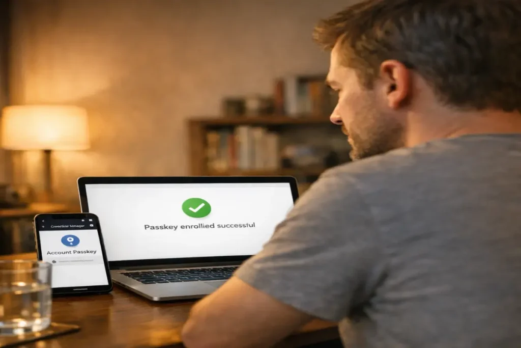 how to set up passkeys confirmed on two devices simultaneously — laptop and phone showing matching passkey enrollment