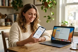 how to set up passkeys enrollment screen on iPhone with Face ID prompt beside open MacBook at kitchen table