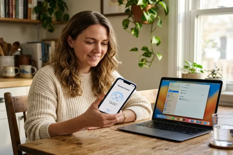 how to set up passkeys enrollment screen on iPhone with Face ID prompt beside open MacBook at kitchen table