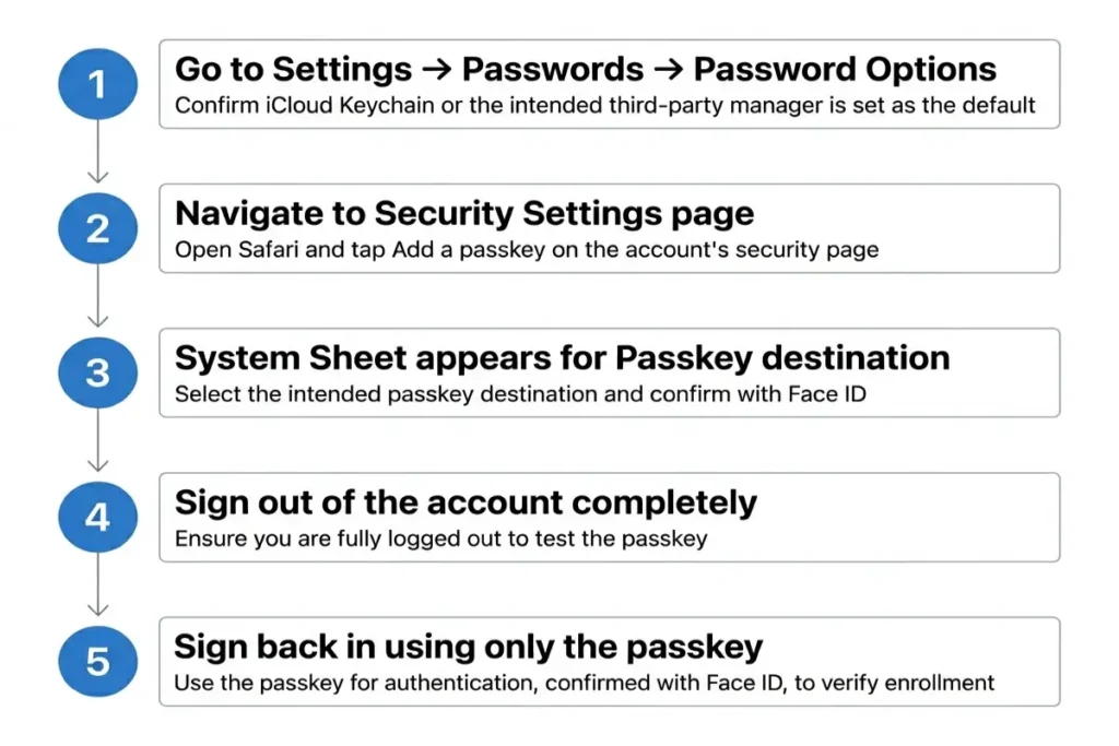 how to set up passkeys on iPhone step diagram showing 5 enrollment steps including Face ID confirmation in iOS Settings