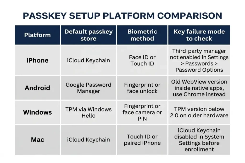 how to set up passkeys platform comparison table showing default stores, biometric methods, and failure modes for iPhone Android Windows Mac