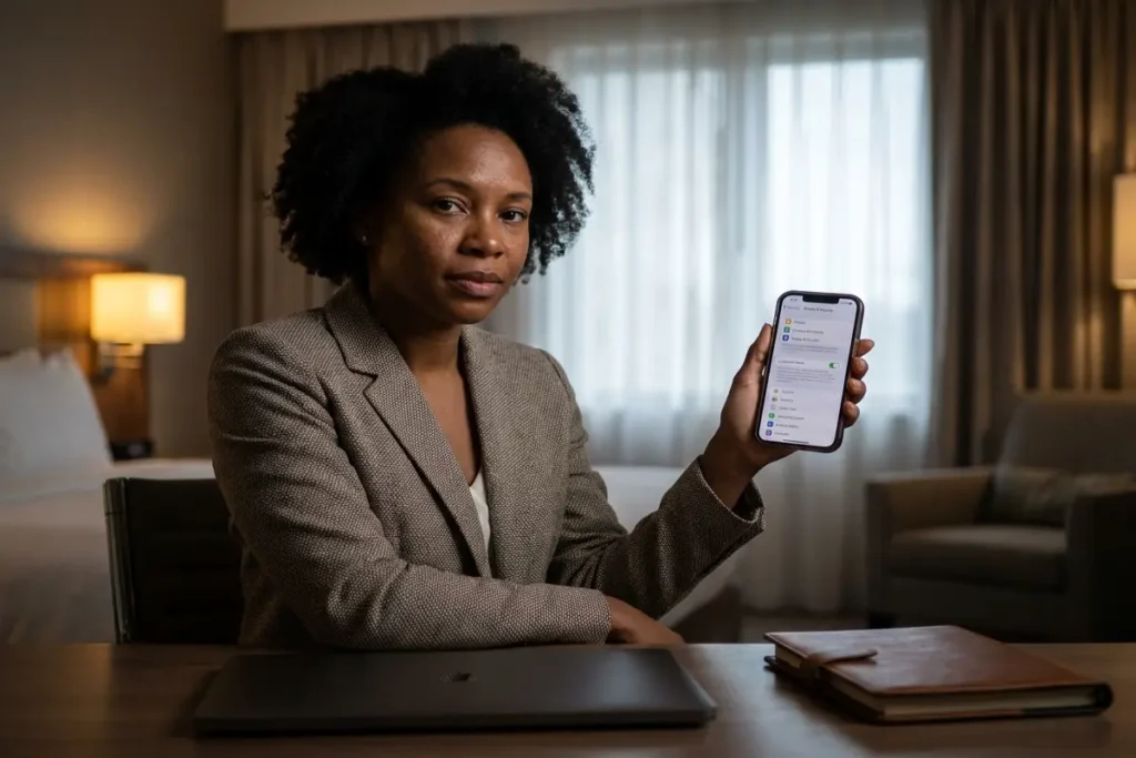 iPhone Lockdown Mode active in iOS Privacy and Security settings — woman reviewing security configuration at hotel desk