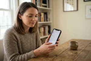 iPhone security guide settings open on iOS device showing Face ID and Passcode menu — woman reviewing security at home desk