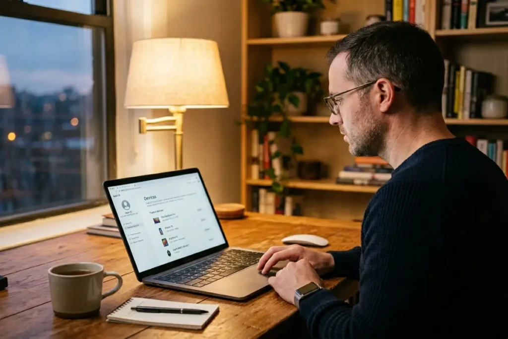  iPhone security guide Apple ID trusted devices audit on MacBook — reviewing account security activity and removing unrecognized entries