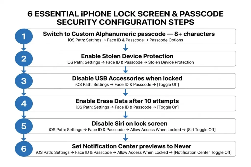  iPhone security guide lock screen setup step diagram showing 6 passcode and Face ID protection configuration steps in iOS 18