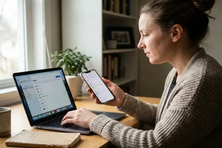 passkey vs password manager comparison, woman reviewing vault app on laptop and passkey list on phone