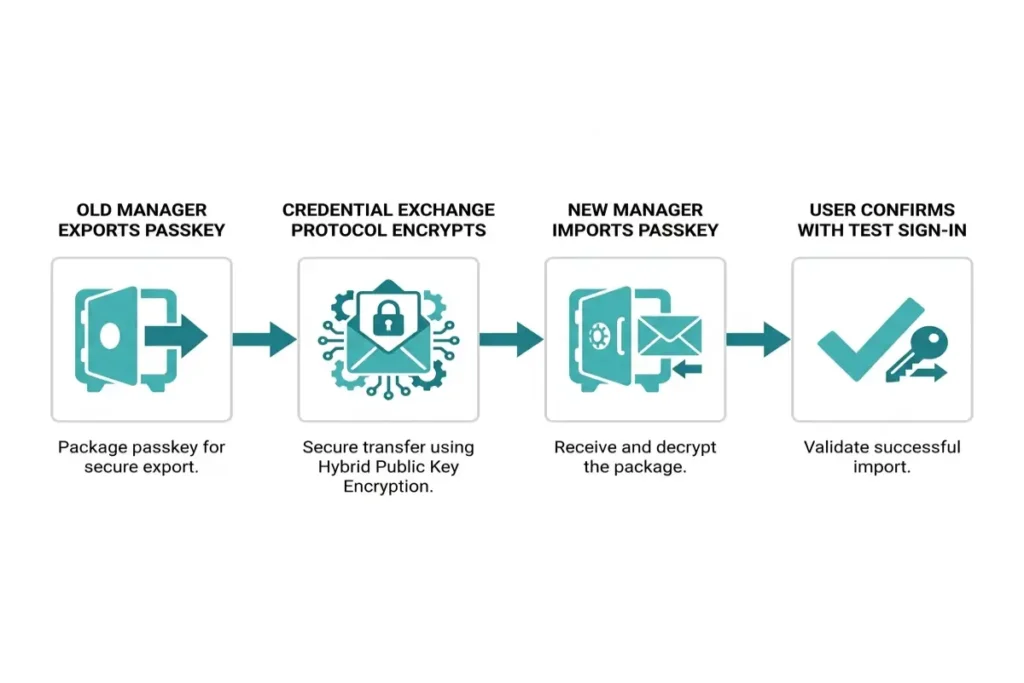 passkey vs password manager credential exchange diagram showing 4 steps of encrypted passkey portability