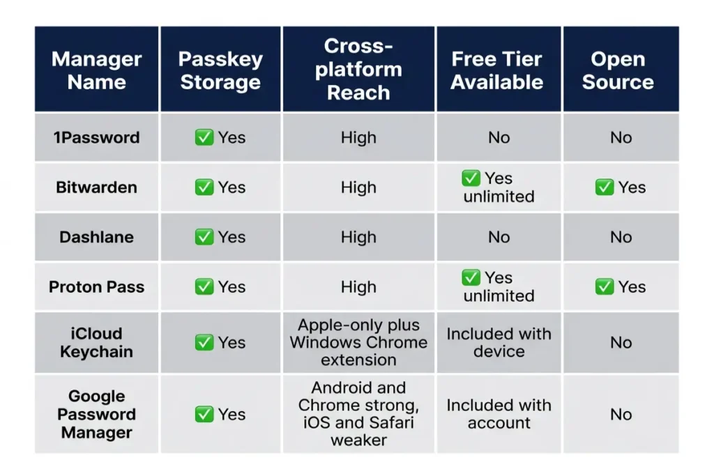 passkey vs password manager feature comparison chart showing passkey support across six credential managers
