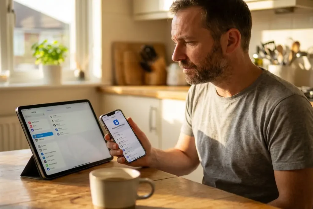 passkey vs password manager redundancy check, man comparing passkey entries across two devices at a kitchen table