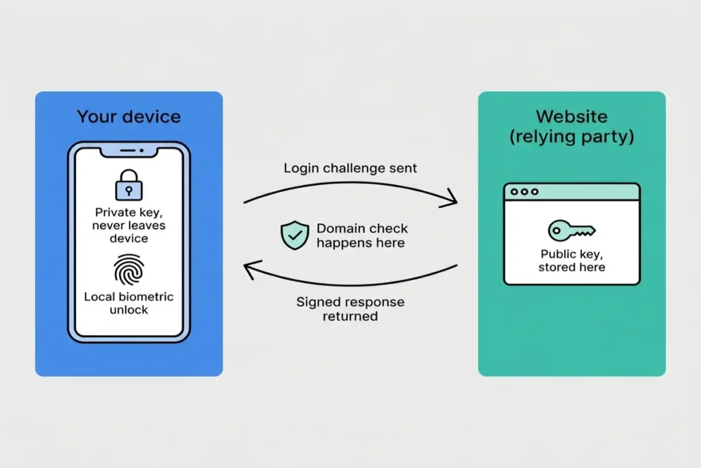 passkeys vs passwords diagram showing private key staying on device and public key stored on website