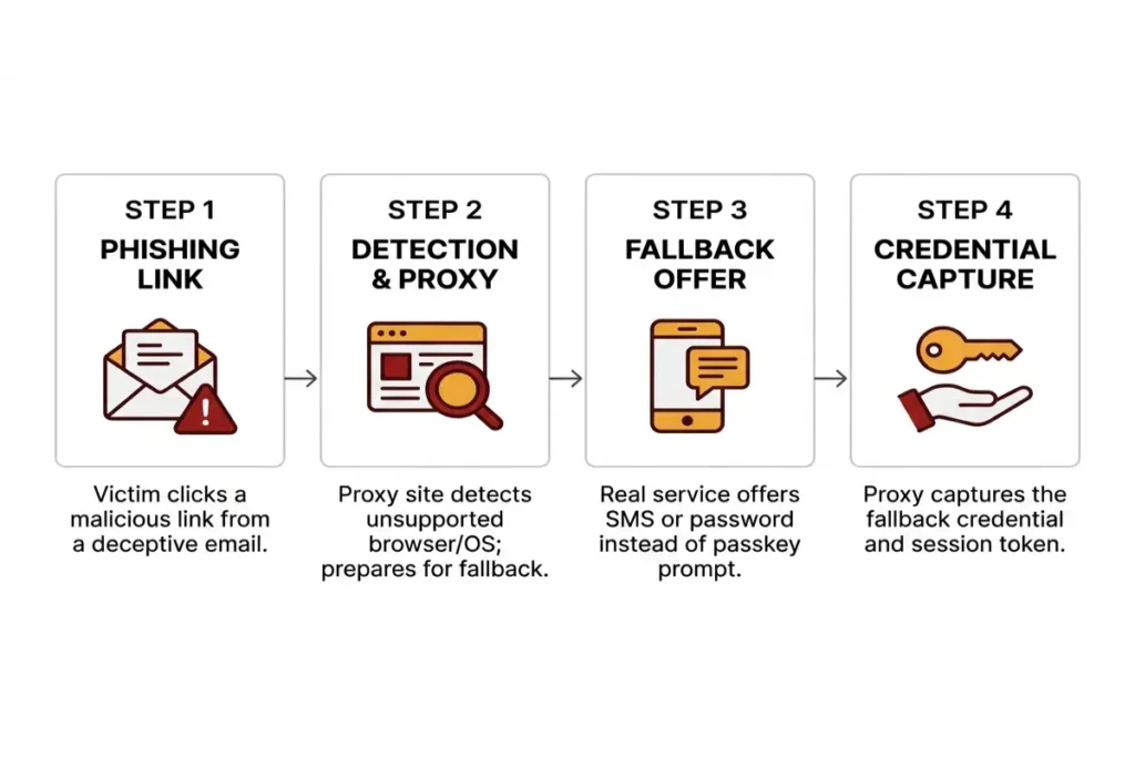 passkeys vs passwords downgrade attack diagram showing how AiTM proxies exploit unsupported passkey fallbacks