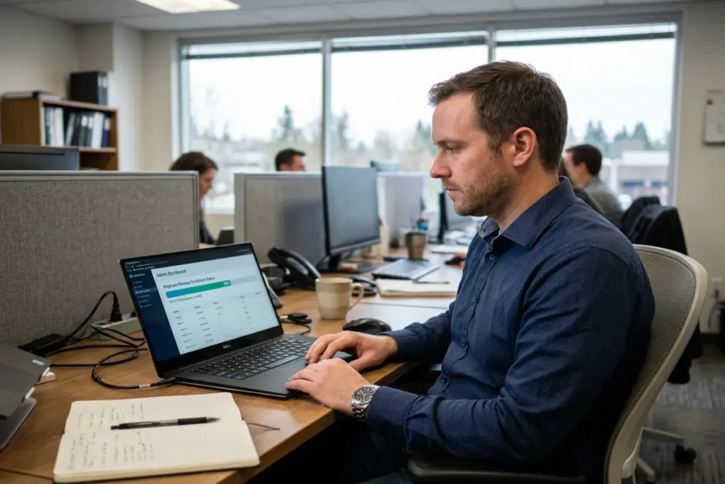passkeys vs passwords employee enrollment dashboard on laptop, IT admin reviewing rollout progress in office