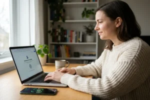 passkeys vs passwords login screen with fingerprint prompt on laptop at a home office desk